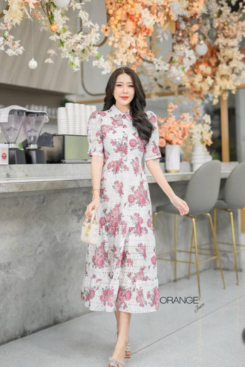 Orange Collar Floral Print Half Sleeves Mid-Length Dresses